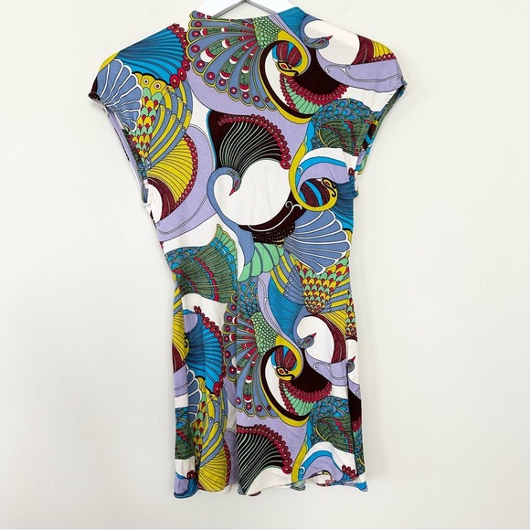 Sky Peacock Print Leather Braided Belt Silk Top - Picture 6 of 9